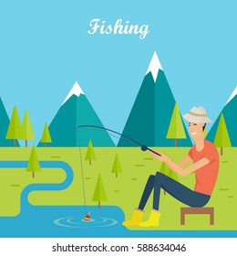 Fishing and camping concept. Young man fishing in the lake in the mountains. Fisherman in mountain landscape with trees. Outdoor recreation and relaxing. Vector illustration in flat style.