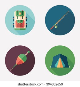 Fishing and camping flat round icon set.