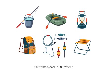 Fishing and camping icons set, bucket and fishing rod, rubber boat, kerosene lamp, backpack, hook, bobber, bait, folding chair vector Illustration