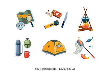 Fishing and camping icons set, map, compass, flashlight, tent, cauldron, box of matches, knife, thermos, box, flask, mug vector Illustration