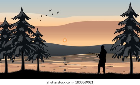 fishing camping illustration series. Camping landscape illustration work with silhouette fisherman, forest, sunset and tent. Ideal design for outdoor conspt.