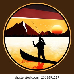 Fishing in a canoe at sunset