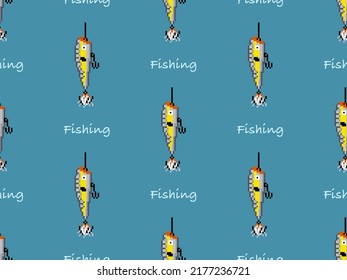 Fishing cartoon character seamless pattern on blue background. Pixel style