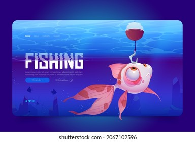 Fishing Cartoon Landing Page, Cute Fish Looking On Hook Underwater Sea View, Funny Character Catch Bait At Blue Ocean Water Surface. Game Scene, Fisherman Club Sport Competition, Vector Web Banner