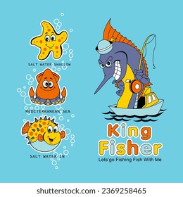 fishing cartoon marlin fish, t-shirt design vector illustration