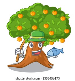 Fishing cartoon orange tree beside the house