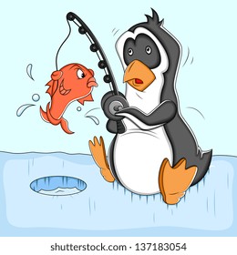 Fishing Cartoon Penguin Vector Illustration