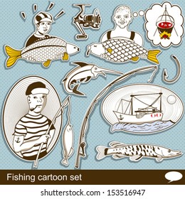 Fishing cartoon set