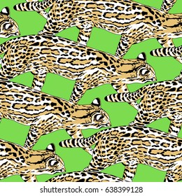 Fishing cat seamless pattern. Medium-sized wild cat of South and Southeast Asia. Wild animal texture.  Design trendy fabric texture, Vector illustration isolated on green background.