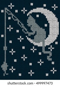 Fishing cat sitting on the moon on the background of dark blue sky with stars, childish knitting fabric vector pattern in muted hues