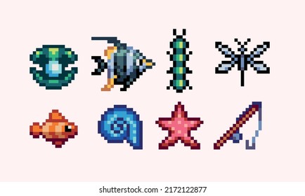 Fishing Catch And Rod Pixel Art Set. Fish, Insects And Shellfish Collection. 8 Bit Sprite. Game Development, Mobile App.  Isolated Vector Illustration.