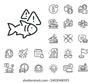 Fishing catch sign. Plane jet, travel map and baggage claim outline icons. Fish line icon. Aquarium attention symbol. Fish line sign. Car rental, taxi transport icon. Place location. Vector