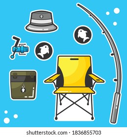 fishing chair, fishing rod and fishing sticker icon set