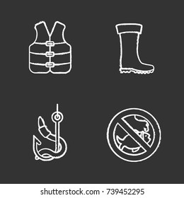 Fishing chalk icons set. Life jacket, bait, rubber boot, no fishing sign. Isolated vector chalkboard illustrations