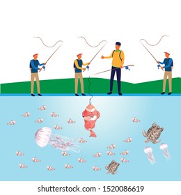 Fishing challenge at river illustration with people doing fishing and fishes for posters and social media promotion
