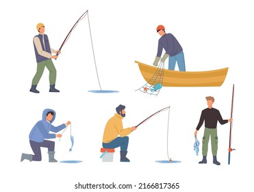 fishing. characters sitting with rods and fishing outdoor lifestyle hobby vector cartoon characters