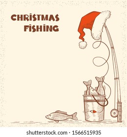 Fishing in Christmas night.Vintage winter image with fishing tackle and catch fishes card background for text