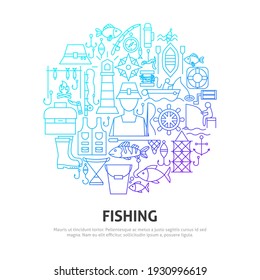 Fishing Circle Concept. Vector Illustration of Outline Design.