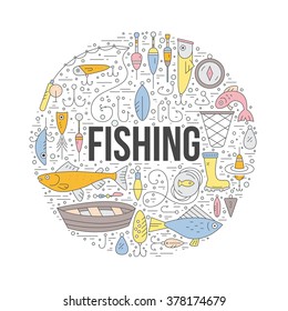 Fishing clipart element with a sign. Modern style vector illustration with different fishing gear including boat, rod, tackle, bobber.