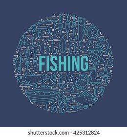 Fishing clipart element with a sign. Modern style vector illustration with different fishing gear including boat, rod, tackle, bobber.