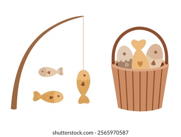 Fishing clipart, Fishing lover, cute seasonal objects. Hand draw vector illustration in flat style