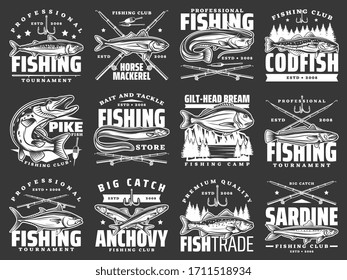 Fishing club badges, big fish catch tournaments and fishery market vector icons. Fisherman rod, hook and lures for river pike, ocean horse mackerel, tuna and bream, sardine and anchovy fishing