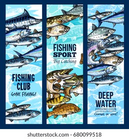 Fishing club banners set for fisher sport or trip. Vector design of big fish catch salmon, tuna or marlin and carp or mackerel with fisherman tackle of fishing rod, flounder or trout and crucian