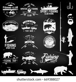 Fishing club with design elements on the chalkboard. Vector illustration. Concept for shirt or logo, print, stamp or tee. Vintage typography design with fish rod silhouette, fishing boat and fisher.