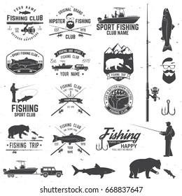 Fishing Club With Design Elements. Vector Illustration. Concept For Shirt Or Logo, Print, Stamp Or Tee. Vintage Typography Design With Fish Rod Silhouette, Fishing Boat And Fisher.