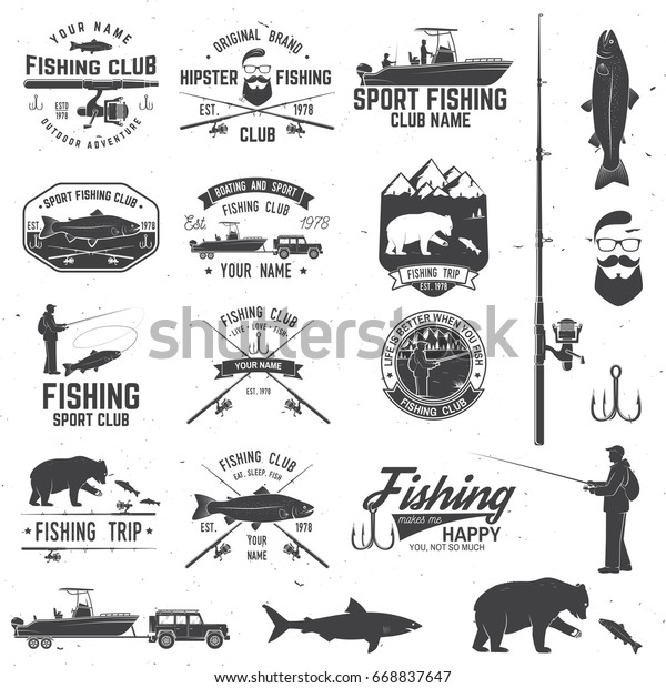 デザインエレメントを持つ釣りクラブ ベクターイラスト シャツやロゴ 印刷 スタンプ T型のコンセプト 釣り竿シルエット 釣り船 釣り人形を使ったビンテージタイポグラフィーデザイン のベクター画像素材 ロイヤリティフリー