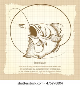 Fishing club emblem design on vintage notebook page. Vector illustration