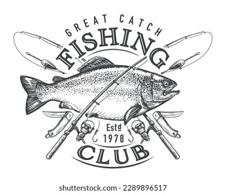 Fishing club emblem. Outdoor sports lifestyle concept. Great fish catch, sketch vector illustration