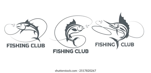 Fishing club emblem set. Jumping salmon tuna swordfish fishing line with hook isolated vector illustration