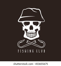 fishing club emblem with skull in panama hat