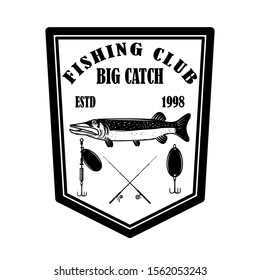 Fishing club. Emblem template with pike fish. Design element for logo, label, sign, poster. Vector illustration