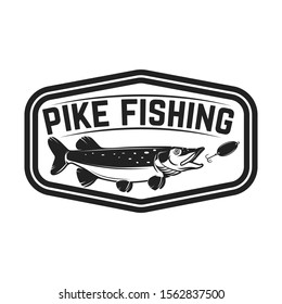 Fishing club. Emblem template with pike fish. Design element for logo, label, sign, poster. Vector illustration