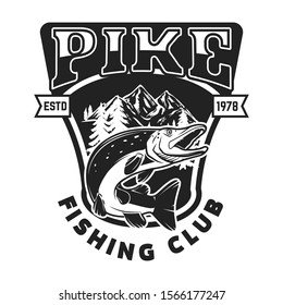 Fishing club. Emblem template with pike fish. Design element for logo, label, sign, poster. Vector illustration