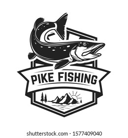 Fishing club. Emblem template with pike fish. Design element for logo, label, sign, poster. Vector illustration