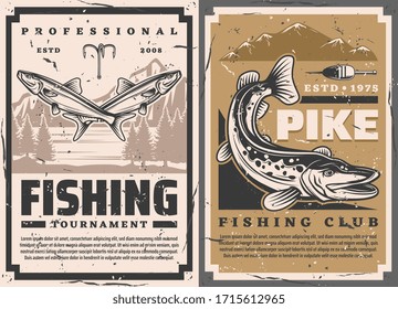 Fishing club and fisher big fish catch tournament, vector retro vintage posters. Lake pike and perch fishing, lures and tackles, rod hooks and floater