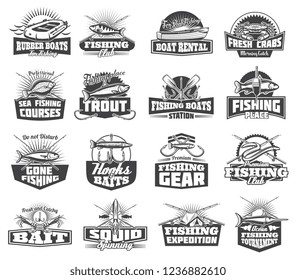 Fishing club or fisher sport adventure expedition icons. Vector boat and salmon, rerch and bass, eel and squid, pike and flounder, fish catch lures and tackles, fishing rod and hooks or camp tent