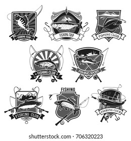 Fishing club or fisherman sport icons set of big tuna fish catch, salmon or trout and fishing rod tackle bait or lure, fishery net and flounder or pike on hook. Vector isolated badges for fisher trip