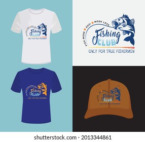 Fishing club, fishes t shirt prints, fisher club vector emblems and water waves icons. River fishing for pike and catfish on rod hooks,fishing club illustration template for logo,t shirt print,emblem,