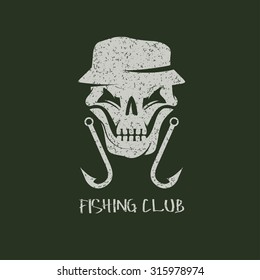 fishing club grunge emblem with skull in panama hat