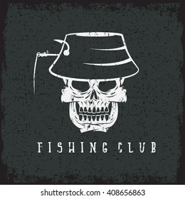 fishing club grunge emblem with skull in panama hat