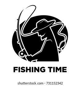 Fishing club icon of fisherman and fish catch vector template