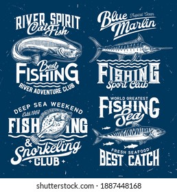 Fishing club icons, sport t-shirt print templates, fishes and sea water waves, vector blue mockups. Ocean snorkeling and fishing signs with marlin, flounder, mackerel and catfish for t shirt print