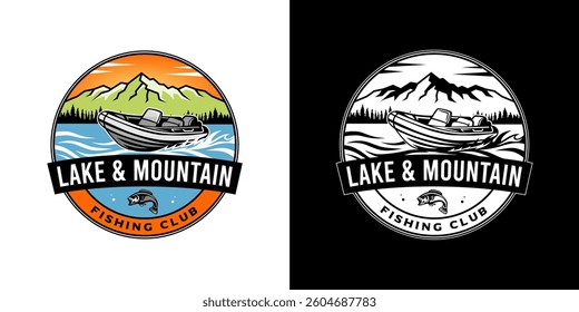 Fishing club Lake and mountain emblem logo.