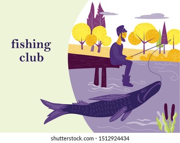 Fishing club landing page or website template - fisherman cartoon character fishing on river bank, flat vector illustration. 