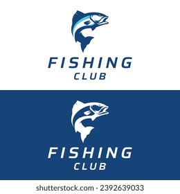 Fishing club logo with angler and creative jumping fish.