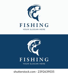 Fishing club logo with angler and creative jumping fish.